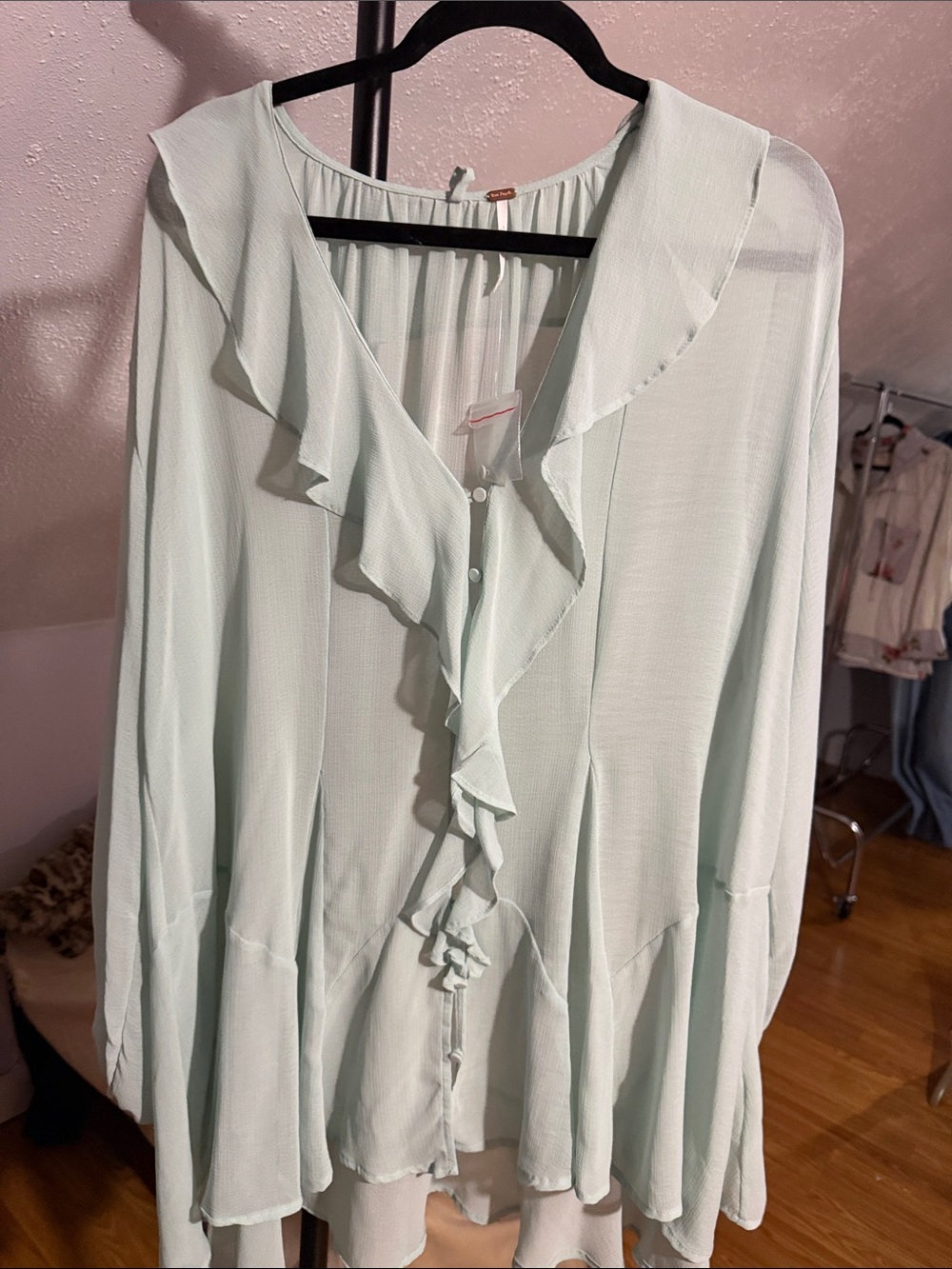 Free People Mint Green Ruffled V-Neck Blouse